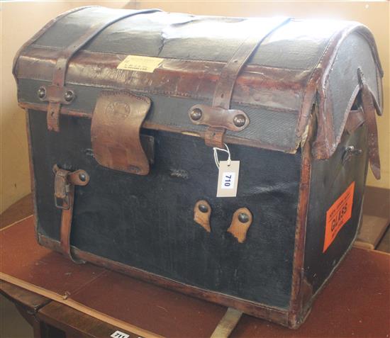 Leather bound dome top travel trunk